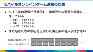 5
● タイトルの運営が長期化し、障害発生の要因が複雑に
なっている
○ 5年～　：3タイトル
○ 3年～　：2タイトル
○ ～2年　：4タイトル
● なぜ起きたかの原因を追究した防止策の導入例は少ない
機能追加／環境系アップデート
イベント／ガチャ等のリリース
モバイルオンラインゲーム運営の状態
Ver.1.1
6/4 6/11 6/18 6/25 7/2
Ver.2.0
7/9 7/16 7/23
・・・
 