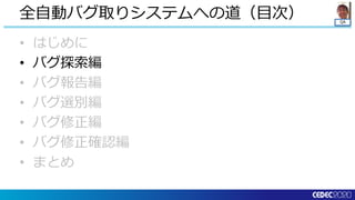 QA
• はじめに
• バグ探索編
• バグ報告編
• バグ選別編
• バグ修正編
• バグ修正確認編
• まとめ
全自動バグ取りシステムへの道（目次）
 