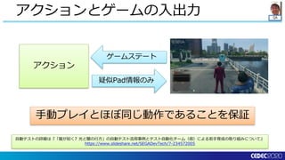 QA
アクションとゲームの入出力
アクション
ゲームステート
疑似Pad情報のみ
手動プレイとほぼ同じ動作であることを保証
自動テストの詳細は『「龍が如く7 光と闇の行方」の自動テスト活用事例とテスト自動化チーム（仮）による若手育成の取り組みについて』
https://www.slideshare.net/SEGADevTech/7-234572005
 