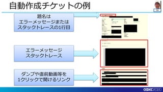QA
自動作成チケットの例
題名は
エラーメッセージまたは
スタックトレースの1行目
エラーメッセージ
スタックトレース
ダンプや直前動画等を
1クリックで開けるリンク
 