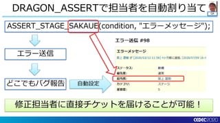 QA
DRAGON_ASSERTで担当者を自動割り当て
ASSERT_STAGE_SAKAUE(condition, "エラーメッセージ");
エラー送信
どこでもバグ報告 自動設定
修正担当者に直接チケットを届けることが可能！
 