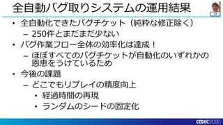 QA
• 全自動化できたバグチケット（純粋な修正除く）
– 250件とまだまだ少ない
• バグ作業フロー全体の効率化は達成！
– ほぼすべてのバグチケットが自動化のいずれかの
恩恵をうけているため
• 今後の課題
– どこでもリプレイの精度向上
• 経過時間の再現
• ランダムのシードの固定化
全自動バグ取りシステムの運用結果
 