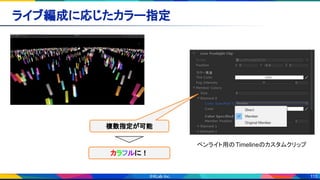 115
ライブ編成に応じたカラー指定 
ペンライト用のTimelineのカスタムクリップ
複数指定が可能
カラフルに！
 
