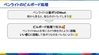 139
ペンライトのビルボード処理 
ペンライトは板ポリのMesh 
横から見ると、板なのがバレてしまう😨
ビルボード処理で解決🥰 
ペンライトMeshを常にカメラ側を向くように回転 
いい感じに回転して板ポリなのをバレないように🤫 
 