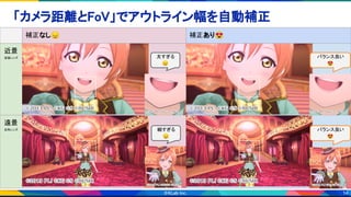 14
補正なし😔 補正あり😍
近景
望遠レンズ
遠景
広角レンズ
「カメラ距離とFoV」でアウトライン幅を自動補正 
バランス良い
😍
太すぎる
😔
細すぎる
😔
バランス良い
😍
 