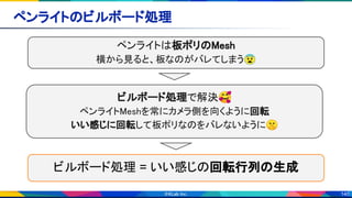 140
ペンライトのビルボード処理 
ビルボード処理 = いい感じの回転行列の生成
ペンライトは板ポリのMesh 
横から見ると、板なのがバレてしまう😨
ビルボード処理で解決🥰 
ペンライトMeshを常にカメラ側を向くように回転 
いい感じに回転して板ポリなのをバレないように🤫 
 