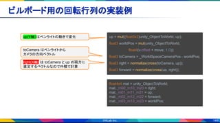 149
ビルボード用の回転行列の実装例 
up = mul((float3x3)unity_ObjectToWorld, up);
float3 worldPos = mul(unity_ObjectToWorld,
　　　　　　　　float4(v.offset + move, 1.0));
float3 toCamera = _WorldSpaceCameraPos - worldPos;
float3 right = normalize(cross(toCamera, up));
float3 forward = normalize(cross(up, right));
float4x4 mat = unity_ObjectToWorld;
mat._m00_m10_m20 = right;
mat._m01_m11_m21 = up;
mat._m02_m12_m22 = forward;
mat._m03_m13_m23 = worldPos;
toCamera はペンライトから
カメラの方向ベクトル
right(X軸) は toCamera と up の両方に
直交するベクトルなので外積で計算
up(Y軸）はペンライトの動きで変化
 
