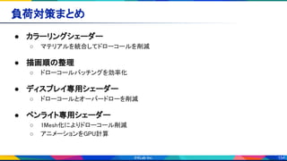 154
負荷対策まとめ 
● カラーリングシェーダー 
○ マテリアルを統合してドローコールを削減 
● 描画順の整理 
○ ドローコールバッチングを効率化 
● ディスプレイ専用シェーダー 
○ ドローコールとオーバードローを削減 
● ペンライト専用シェーダー 
○ 1Mesh化によりドローコール削減 
○ アニメーションをGPU計算 
 