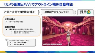 20
「カメラ距離とFoV」でアウトライン幅を自動補正 
近景と遠景で2段階の補正 
 
近景の場合 
● 常に一定の幅に補正 
 
遠景の場合 
● 補正率（0～1）で補正の強度を調整 
○ 補正率0：補正なし（通常の遠近法と同じ） 
○ 補正率1：常に一定の幅に補正
パラメータは制作と相談して決定  
● 近景と遠景の境界値 
● 遠景時の補正率
理想のアウトラインが完成！  採用🙆‍♂ 
 