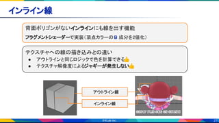 21
インライン線 
　アウトライン線 
インライン線 
背面ポリゴンがないインラインにも線を出す機能 
 
フラグメントシェーダーで実装（頂点カラーの B 成分を2値化） 
テクスチャへの線の描き込みとの違い 
● アウトラインと同じロジックで色を計算できる 👍 
● テクスチャ解像度によるジャギーが発生しない👍 
 