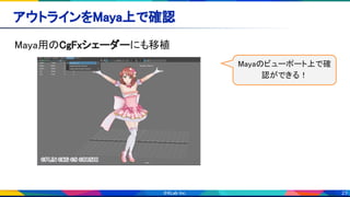 23
アウトラインをMaya上で確認 
Maya用のCgFxシェーダーにも移植 
Mayaのビューポート上で確
認ができる！
 