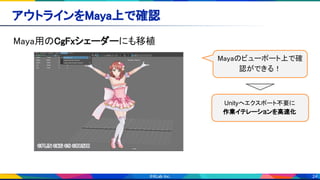 24
アウトラインをMaya上で確認 
Maya用のCgFxシェーダーにも移植 
Mayaのビューポート上で確
認ができる！
Unityへエクスポート不要に
作業イテレーションを高速化
 