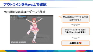 25
アウトラインをMaya上で確認 
Maya用のCgFxシェーダーにも移植 
Mayaのビューポート上で確
認ができる！
Unityへエクスポート不要に
作業イテレーションを高速化
品質向上😍
 