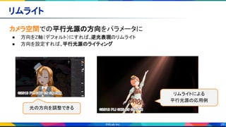 26
リムライト 
カメラ空間での平行光源の方向をパラメータに 
● 方向をZ軸（デフォルト）にすれば、逆光表現のリムライト 
● 方向を設定すれば、平行光源のライティング 
リムライトによる
平行光源の応用例
光の方向を調整できる
 