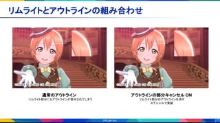27
リムライトとアウトラインの組み合わせ 
通常のアウトライン
リムライト部分にもアウトラインが表示されてしまう
アウトラインの部分キャンセル ON
リムライト部分のアウトラインを消す
ステンシルで実装
 