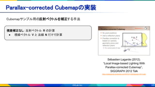 33
Parallax-corrected Cubemapの実装 
Cubemapサンプル用の反射ベクトルを補正する手法 
Sébastien Lagarde (2012).
“Local Image-based Lighting With
Parallax-corrected Cubemap”,
SIGGRAPH 2012 Talk
https://seblagarde.wordpress.com/2012/11/28/siggraph-2012-talk/
視差補正なし: 反射ベクトル R の計算 
● 視線ベクトル V と 法線 N だけで計算 
 