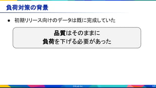 53
負荷対策の背景 
● 初期リリース向けのデータは既に完成していた 
品質はそのままに
負荷を下げる必要があった
 