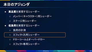 55
本日のアジェンダ 
● 高品質を実現するシェーダー 
○ メンバー（キャラクター）用シェーダー 
○ ステージ用シェーダー 
● 低負荷を実現するシェーダー 
○ 負荷の計測 
○ エフェクト汎用シェーダー 
○ ドローコールとオーバードロー 
○ エフェクト専用シェーダー 
 
