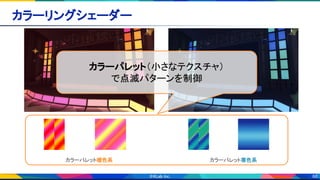 68
カラーリングシェーダー 
カラーパレット暖色系 カラーパレット寒色系
カラーパレット（小さなテクスチャ）
で点滅パターンを制御
 