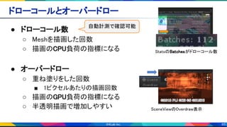 85
ドローコールとオーバードロー 
● ドローコール数 
○ Meshを描画した回数 
○ 描画のCPU負荷の指標になる 
 
● オーバードロー 
○ 重ね塗りをした回数 
■ 1ピクセルあたりの描画回数 
○ 描画のGPU負荷の指標になる 
○ 半透明描画で増加しやすい 
StatsのBatchesがドローコール数 
SceneViewのOverdraw表示  
自動計測で確認可能
 