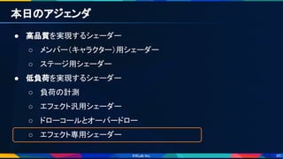 95
本日のアジェンダ 
● 高品質を実現するシェーダー 
○ メンバー（キャラクター）用シェーダー 
○ ステージ用シェーダー 
● 低負荷を実現するシェーダー 
○ 負荷の計測 
○ エフェクト汎用シェーダー 
○ ドローコールとオーバードロー 
○ エフェクト専用シェーダー 
 