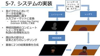 ©Silicon Studio Corp., all rights reserved.
5-7. システムの実装
• 各ピクセルにおいて
データを収集し、
神経回路網に渡す
入力フォーマットに変換
– Nvidia の Vulkan Ray-Tracing
Extension を利用して実装
• 神経回路網のコンピュート
シェーダを実行、
RGBの色情報を出力
• 顔以外の部分は
従来どおりのレンダリング
• 最後に2つの結果画像を合成
レイトレーサ
神経回路網
シーンデータ
（メッシュ、マ
テリアル、光環
境、カメラ）
レンダラ
 