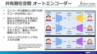 ©Silicon Studio Corp., all rights reserved.
Thanh Thi Nguyen, Cuong M. Nguyen, Dung Tien
Nguyen, Duc Thanh Nguyen and Saeid Nahavandi.
"Deep Learning for Deepfakes Creation and
Detection“, 2019
共有潜在空間 オートエンコーダー
• エンコーダは複数の人間で共有
• デコーダは共有しない
• 別の人のデコーダを使えば、
ある人の顔を別の人の顔に
変えることができる
• ディープフェイクで使用
されており、製品レベルの
画質に近づいている
• フォトリアリスティックな
入力が必要
 