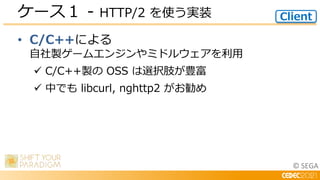 © SEGA
• C/C++による
自社製ゲームエンジンやミドルウェアを利用
 C/C++製の OSS は選択肢が豊富
 中でも libcurl, nghttp2 がお勧め
ケース１ - HTTP/2 を使う実装 Client
 