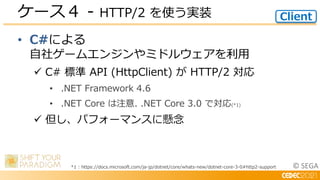 © SEGA
• C#による
自社ゲームエンジンやミドルウェアを利用
 C# 標準 API (HttpClient) が HTTP/2 対応
• .NET Framework 4.6
• .NET Core は注意. .NET Core 3.0 で対応(*1)
 但し、パフォーマンスに懸念
ケース４ - HTTP/2 を使う実装 Client
*1 : https://docs.microsoft.com/ja-jp/dotnet/core/whats-new/dotnet-core-3-0#http2-support
 