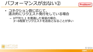 © SEGA
• コネクション数に応じて、
逐次的にリクエスト発行をしている場合
– HTTP/1.1 を意識した実装の場合、
3～6程度でリクエストを送信となることが多い
パフォーマンスが出ない② Problem!
 