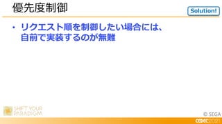 © SEGA
• リクエスト順を制御したい場合には、
自前で実装するのが無難
優先度制御 Solution!
 