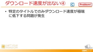 © SEGA
• 特定のタイトルでのみダウンロード速度が極端
に低下する問題が発生
ダウンロード速度が出ない④ Problem!
C
 