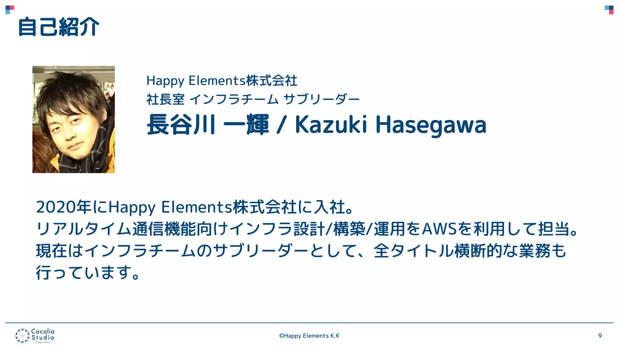 ©Happy Elements K.K 9
自己紹介
Happy Elements株式会社
社長室 インフラチーム サブリーダー
長谷川 一輝 / Kazuki Hasegawa
2020年にHappy Elements株式会社に入社。
リアルタイム通信機能向けインフラ設計/構築/運用をAWSを利用して担当。
現在はインフラチームのサブリーダーとして、全タイトル横断的な業務も
行っています。
 