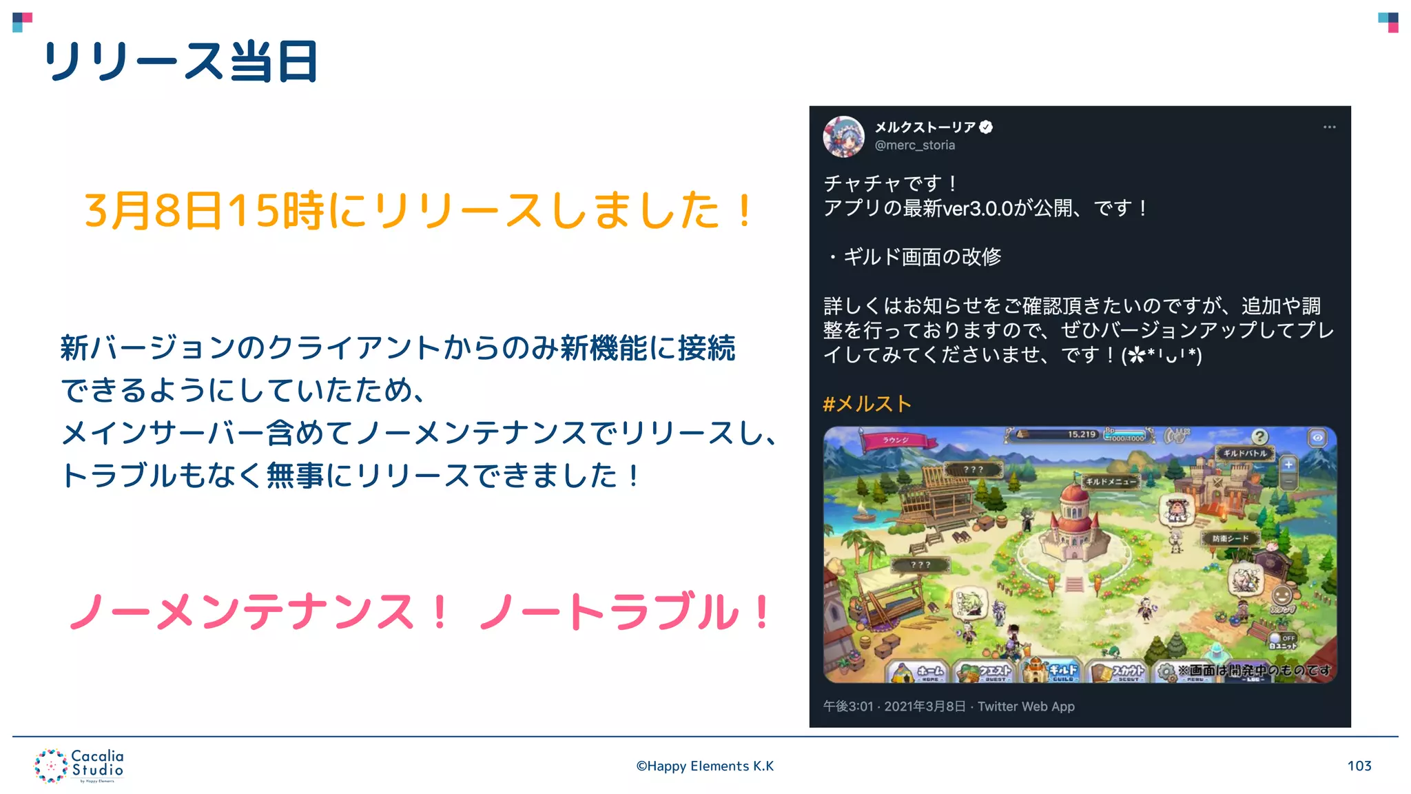 ©Happy Elements K.K 103
リリース当日
3月8日15時にリリースしました！
新バージョンのクライアントからのみ新機能に接続
できるようにしていたため、
メインサーバー含めてノーメンテナンスでリリースし、
トラブルもなく無事にリリースできました！
ノーメンテナンス！ ノートラブル！
 