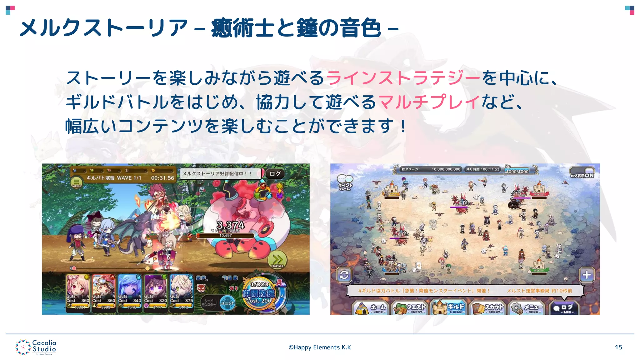 ©Happy Elements K.K 15
メルクストーリア – 癒術士と鐘の音色 –
ストーリーを楽しみながら遊べるラインストラテジーを中心に、
ギルドバトルをはじめ、協力して遊べるマルチプレイなど、
幅広いコンテンツを楽しむことができます！
 