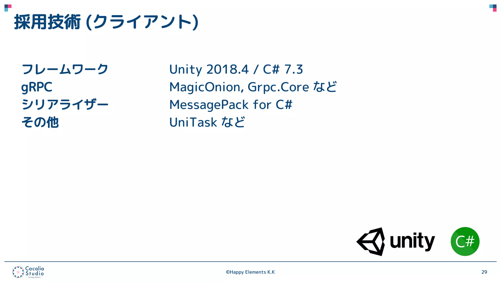 ©Happy Elements K.K 29
採用技術 (クライアント)
フレームワーク Unity 2018.4 / C# 7.3
gRPC MagicOnion, Grpc.Core など
シリアライザー MessagePack for C#
その他 UniTask など
 