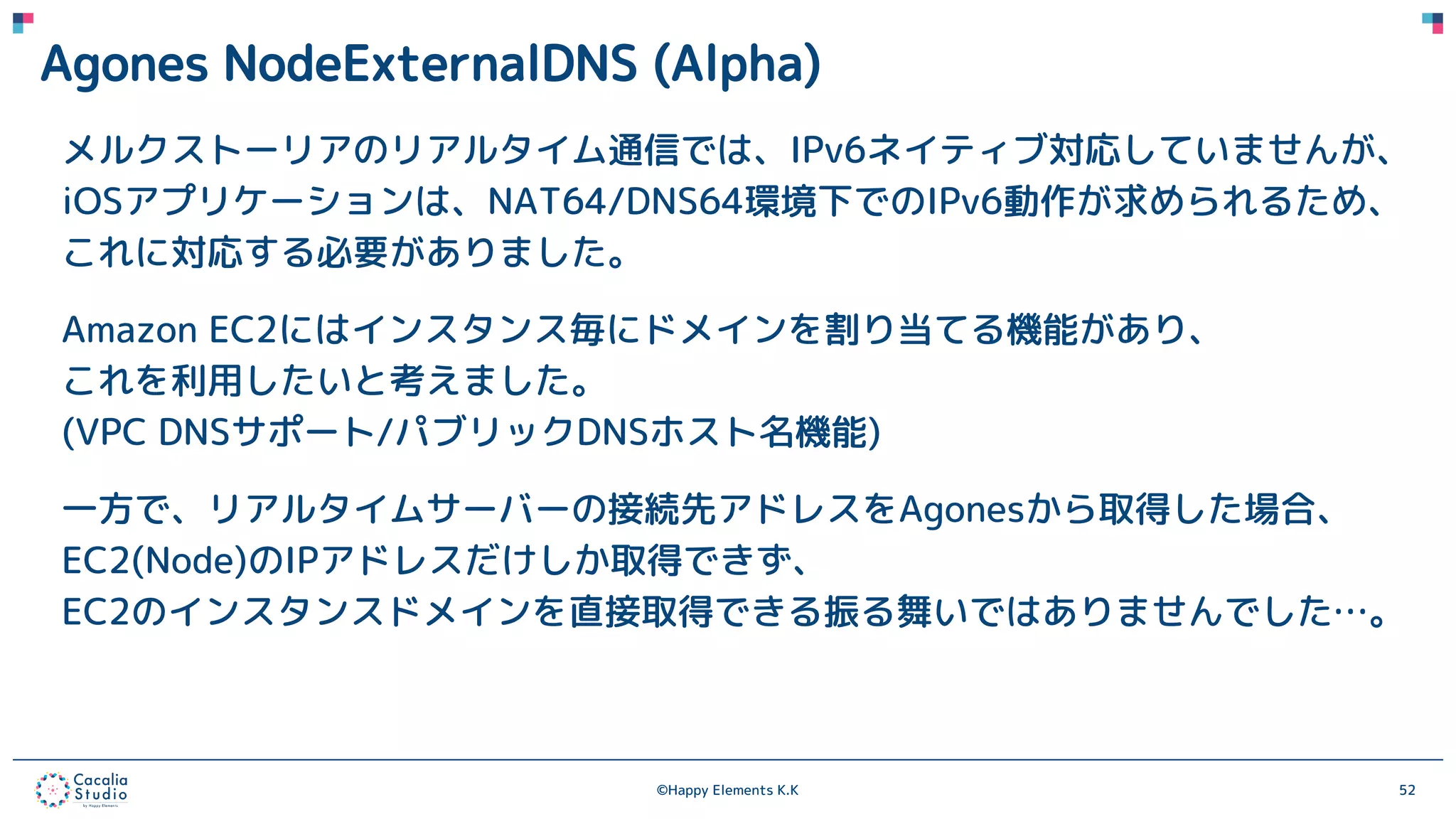 ©Happy Elements K.K 52
Agones NodeExternalDNS (Alpha)
メルクストーリアのリアルタイム通信では、IPv6ネイティブ対応していませんが、
iOSアプリケーションは、NAT64/DNS64環境下でのIPv6動作が求められるため、
これに対応する必要がありました。
Amazon EC2にはインスタンス毎にドメインを割り当てる機能があり、
これを利用したいと考えました。
(VPC DNSサポート/パブリックDNSホスト名機能)
一方で、リアルタイムサーバーの接続先アドレスをAgonesから取得した場合、
EC2(Node)のIPアドレスだけしか取得できず、
EC2のインスタンスドメインを直接取得できる振る舞いではありませんでした…。
 