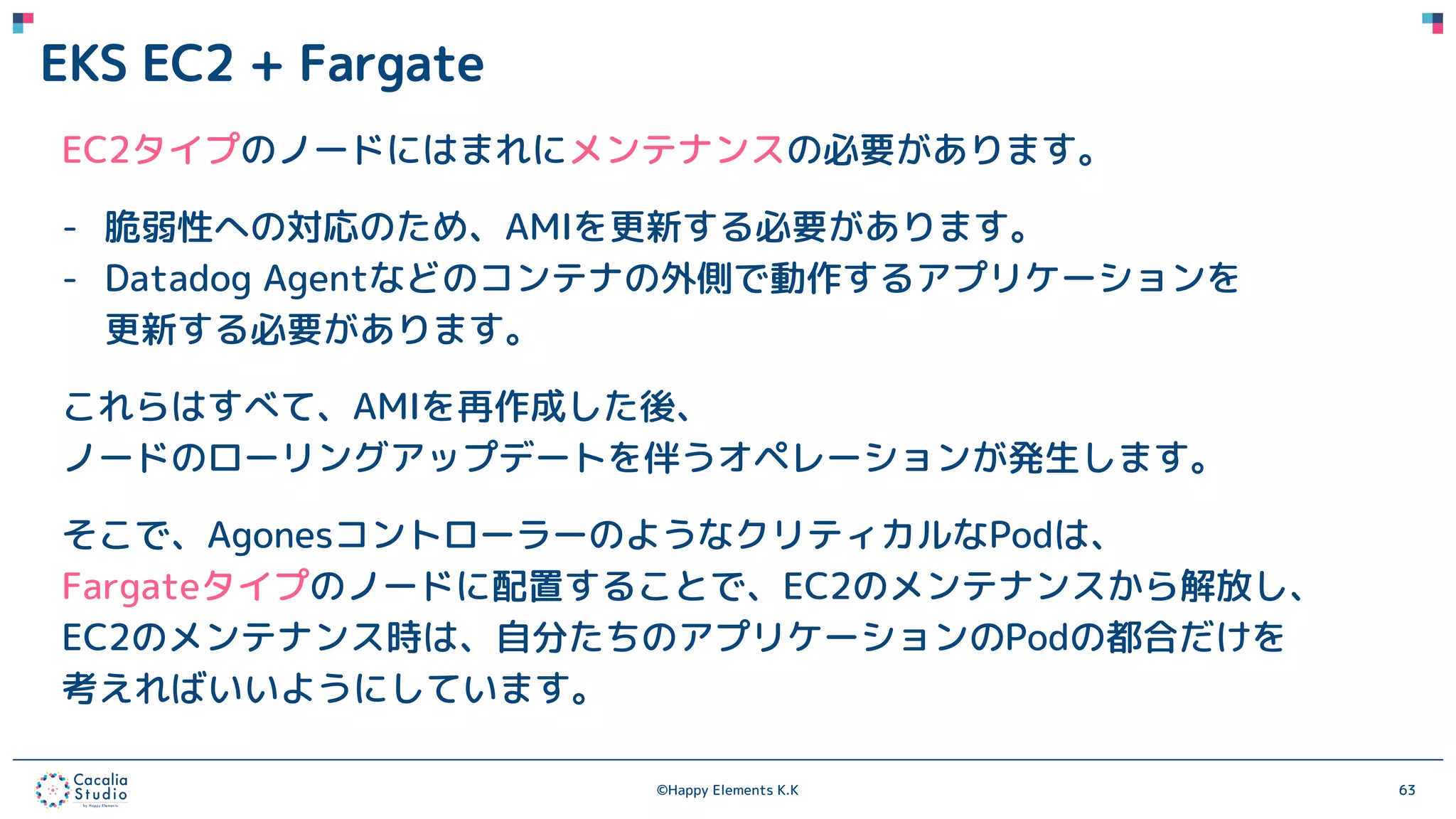 ©Happy Elements K.K 63
EKS EC2 + Fargate
EC2タイプのノードにはまれにメンテナンスの必要があります。
- 脆弱性への対応のため、AMIを更新する必要があります。
- Datadog Agentなどのコンテナの外側で動作するアプリケーションを
更新する必要があります。
これらはすべて、AMIを再作成した後、
ノードのローリングアップデートを伴うオペレーションが発生します。
そこで、AgonesコントローラーのようなクリティカルなPodは、
Fargateタイプのノードに配置することで、EC2のメンテナンスから解放し、
EC2のメンテナンス時は、自分たちのアプリケーションのPodの都合だけを
考えればいいようにしています。
 
