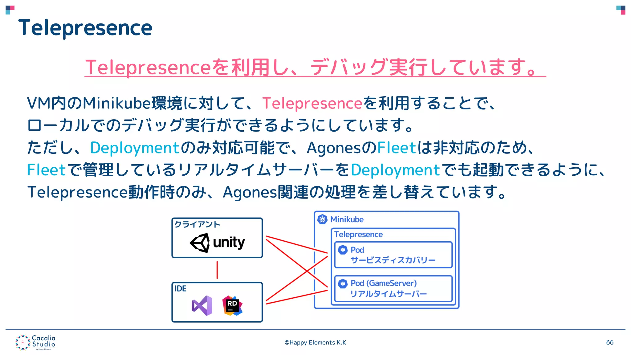 ©Happy Elements K.K 66
Telepresence
Telepresenceを利用し、デバッグ実行しています。
VM内のMinikube環境に対して、Telepresenceを利用することで、
ローカルでのデバッグ実行ができるようにしています。
ただし、Deploymentのみ対応可能で、AgonesのFleetは非対応のため、
Fleetで管理しているリアルタイムサーバーをDeploymentでも起動できるように、
Telepresence動作時のみ、Agones関連の処理を差し替えています。
 