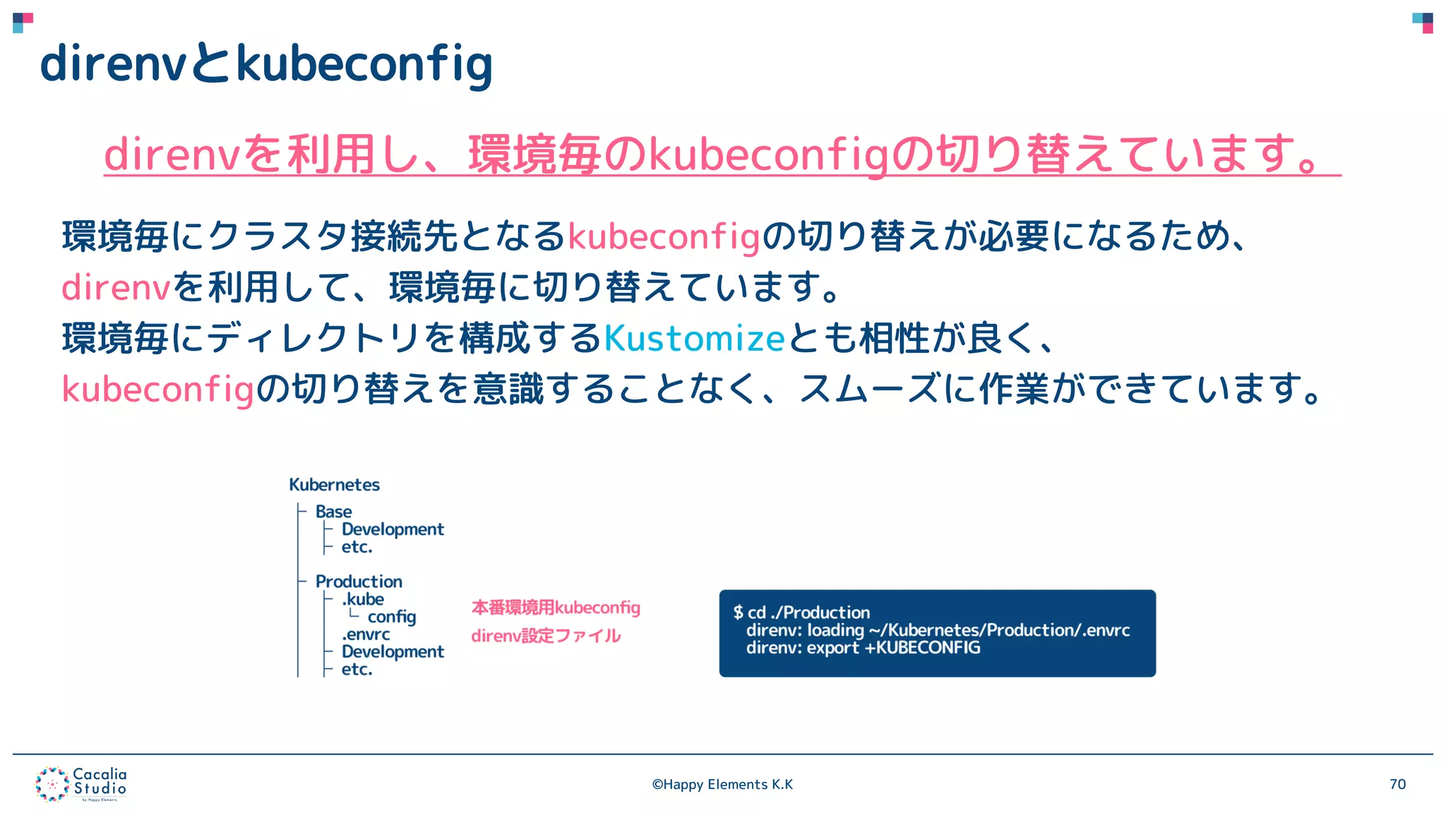 ©Happy Elements K.K 70
direnvとkubeconfig
direnvを利用し、環境毎のkubeconfigの切り替えています。
環境毎にクラスタ接続先となるkubeconfigの切り替えが必要になるため、
direnvを利用して、環境毎に切り替えています。
環境毎にディレクトリを構成するKustomizeとも相性が良く、
kubeconfigの切り替えを意識することなく、スムーズに作業ができています。
 