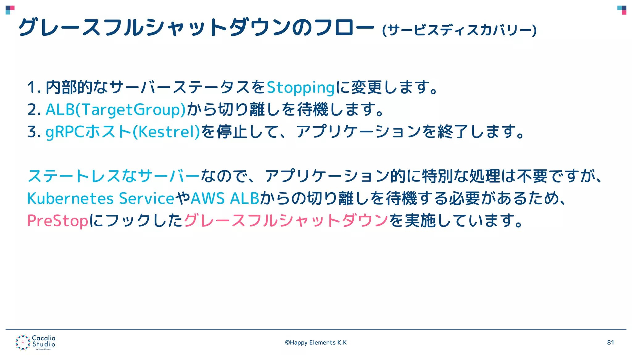 ©Happy Elements K.K 81
グレースフルシャットダウンのフロー (サービスディスカバリー)
1. 内部的なサーバーステータスをStoppingに変更します。
2. ALB(TargetGroup)から切り離しを待機します。
3. gRPCホスト(Kestrel)を停止して、アプリケーションを終了します。
ステートレスなサーバーなので、アプリケーション的に特別な処理は不要ですが、
Kubernetes ServiceやAWS ALBからの切り離しを待機する必要があるため、
PreStopにフックしたグレースフルシャットダウンを実施しています。
 