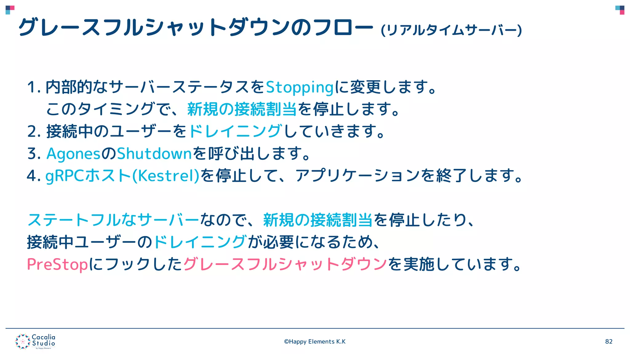 ©Happy Elements K.K 82
グレースフルシャットダウンのフロー (リアルタイムサーバー)
1. 内部的なサーバーステータスをStoppingに変更します。
このタイミングで、新規の接続割当を停止します。
2. 接続中のユーザーをドレイニングしていきます。
3. AgonesのShutdownを呼び出します。
4. gRPCホスト(Kestrel)を停止して、アプリケーションを終了します。
ステートフルなサーバーなので、新規の接続割当を停止したり、
接続中ユーザーのドレイニングが必要になるため、
PreStopにフックしたグレースフルシャットダウンを実施しています。
 