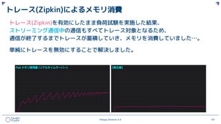 ©Happy Elements K.K 101
トレース(Zipkin)によるメモリ消費
トレース(Zipkin)を有効にしたまま負荷試験を実施した結果、
ストリーミング通信中の通信もすべてトレース対象となるため、
通信が終了するまでトレースが蓄積していき、メモリを消費していました…。
単純にトレースを無効にすることで解決しました。
 