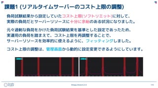 ©Happy Elements K.K 110
課題1 (リアルタイムサーバーのコスト上限の調整)
負荷試験結果から設定していたコスト上限(ソフトリミット)に対して、
実際の負荷だとサーバーリソースに十分に余裕のある状況になりました。
元々過剰な負荷をかけた負荷試験結果を基準とした設定であったため、
実運用の負荷を踏まえて、コスト上限を再調整することで、
サーバーリソースを効率的に使えるように、フィッティングしました。
コスト上限の調整は、管理画面から動的に設定変更できるようにしています。
 