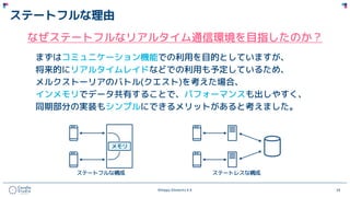 ©Happy Elements K.K 24
ステートフルな理由
なぜステートフルなリアルタイム通信環境を目指したのか？
まずはコミュニケーション機能での利用を目的としていますが、
将来的にリアルタイムレイドなどでの利用も予定しているため、
メルクストーリアのバトル(クエスト)を考えた場合、
インメモリでデータ共有することで、パフォーマンスも出しやすく、
同期部分の実装もシンプルにできるメリットがあると考えました。
 