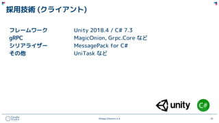 ©Happy Elements K.K 29
採用技術 (クライアント)
フレームワーク Unity 2018.4 / C# 7.3
gRPC MagicOnion, Grpc.Core など
シリアライザー MessagePack for C#
その他 UniTask など
 