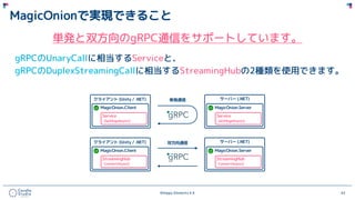 ©Happy Elements K.K 42
MagicOnionで実現できること
単発と双方向のgRPC通信をサポートしています。
gRPCのUnaryCallに相当するServiceと、
gRPCのDuplexStreamingCallに相当するStreamingHubの2種類を使用できます。
 