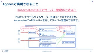 ©Happy Elements K.K 50
Agonesで実現できること
KubernetesのAPIでサーバー管理ができる！
Podとしてリアルタイムサーバーを扱うことができるため、
KubernetesのAPIサーバーを介してサーバー管理ができます。
 