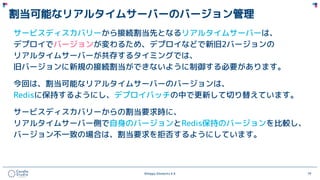 ©Happy Elements K.K 79
割当可能なリアルタイムサーバーのバージョン管理
サービスディスカバリーから接続割当先となるリアルタイムサーバーは、
デプロイでバージョンが変わるため、デプロイなどで新旧2バージョンの
リアルタイムサーバーが共存するタイミングでは、
旧バージョンに新規の接続割当ができないように制御する必要があります。
今回は、割当可能なリアルタイムサーバーのバージョンは、
Redisに保持するようにし、デプロイバッチの中で更新して切り替えています。
サービスディスカバリーからの割当要求時に、
リアルタイムサーバー側で自身のバージョンとRedis保持のバージョンを比較し、
バージョン不一致の場合は、割当要求を拒否するようにしています。
 