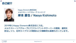 ©Happy Elements K.K 8
自己紹介
Happy Elements株式会社
メルクストーリアグループ エンジニア
岸本 直也 / Naoya Kishimoto
2019年にHappy Elements株式会社に入社。
メルクストーリアグループにてクライアントやサーバーの開発・運用を
担当しつつ、社内ライブラリの開発などの横断的な業務も行っています。
 